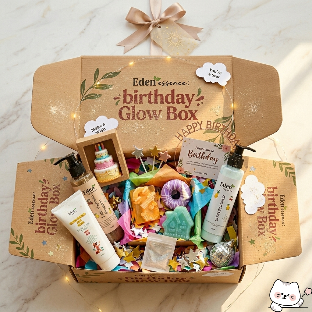 The Birthday Glow Gift Box ( Sunscreen + Shampoo + Hair Musk + Soap Box, birthday card or  free goodies)